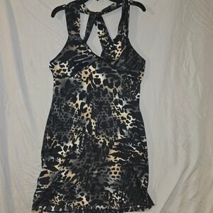 Teter Mini Dress Large Women Black Grey Tan Animal Print Criss Cross Halter